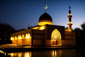 lit up mosque with crescent moon top