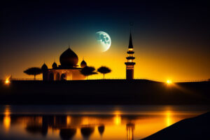 mosque with moon sky