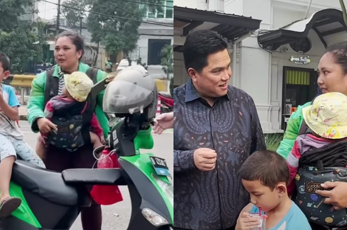 Seorang driver ojol wanita yang bekerja sembil membawa anak bertemu dengan Erick Thohir.