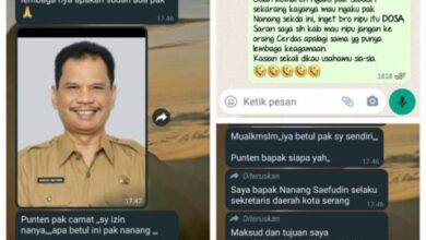 Kolase tangkapan layar chatting modus penipuan yang mencatut nama Sekda Kota Serang Nanang Saefudin. (Kiriman Sekda Kota Serang Nanang Saefudin)