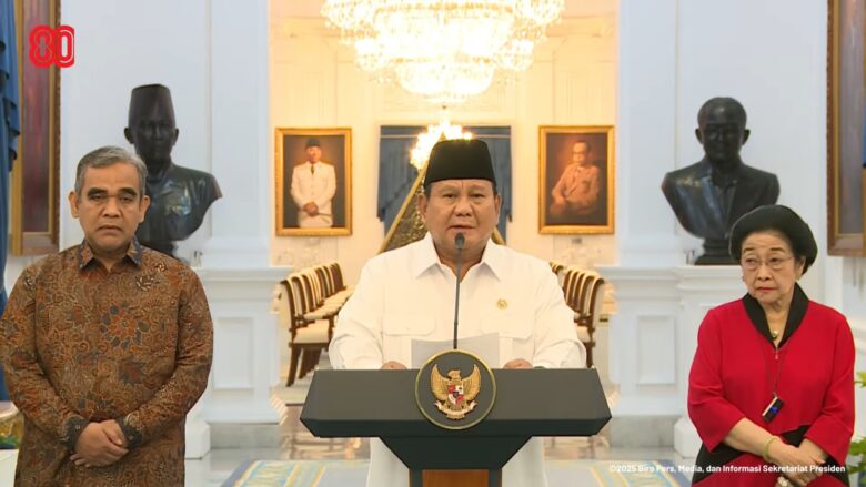 Presiden Prabowo menyampaikan pernyataan resmi usai pertemuan dengan para Ketua Umum Parpol di Istana Negara, Minggu 31 Agustus 2025. (Youtube Sekretariat Presiden) WhatsApp Image 2025 08 31 at 19.08.05