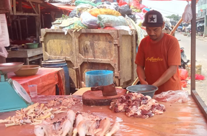 Penjual di Pasar Badak Pandeglang mengeluh pembeli sepi imbas dari harga ayam potong yang mengalami kenaikan, Senin 1 September 2025.
